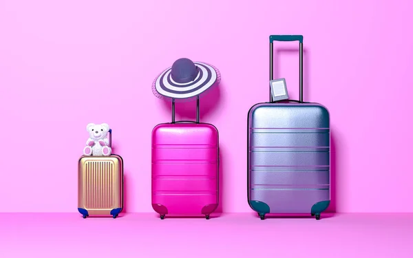 Drei Koffer Mit Sonnenhut Ebook Und Stofftier Auf Pastellrosa Hintergrund — Stockfoto