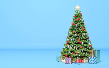 Oda hediyeleri ile Noel ağacı. 3D render illüstrasyon. Uzay kopyalayın. Yeni yıl, tatil.