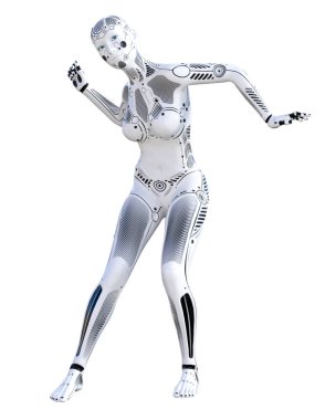 Dans robot kadın. Metal droid. Yapay zeka. Kavramsal moda sanat. Gerçekçi 3d render illüstrasyon. Stüdyo, ayrı tutma, yüksek anahtar.