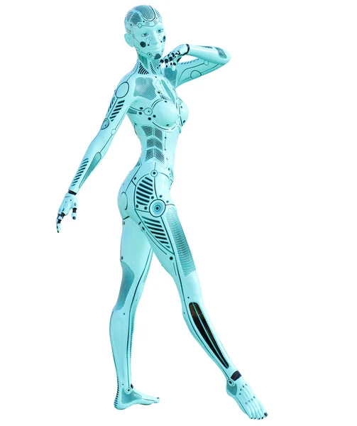 舞蹈机器人的女人 金属蓝色机器人 人工智能 概念时尚艺术 逼真的3D 渲染插图 工作室 — 图库照片