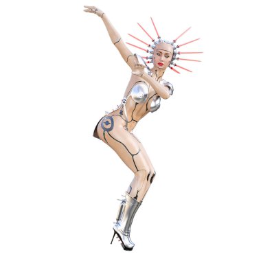 Cyborg droid robot kadın fütüristik metalik bikini. Abartılı moda sanat. Kız ayakta samimi kışkırtıcı poz. Fotogerçekçi 3d render illüstrasyon izole et. Stüdyo fotoğrafçılığı.