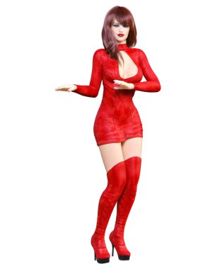 3D güzel kadın kırmızı kısa deri elbise ve uzun çizmeler. İlkbahar sonbahar koleksiyonu kıyafetler. Parlak makyaj. Kadın stüdyo fotoğrafçılığı. Kavramsal moda sanat. Baştan çıkarıcı samimi poz. Render.