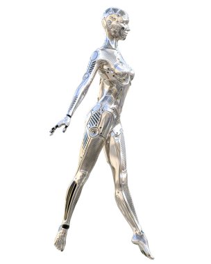 Dans robot kadın. Metal parlak gümüş droid. Yapay zeka. Kavramsal moda sanat. Gerçekçi 3d render illüstrasyon. Stüdyo, ayrı tutma, yüksek anahtar.
