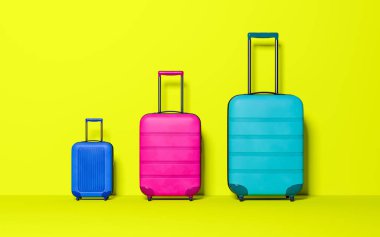 Pastel sarı zemin üzerinde üç bavul. Seyahat kavramı. En az tarzı. Uzay kopyalayın. Aile tatili. 3D render