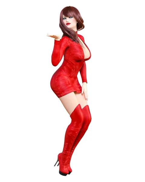Vacker Kvinna Rött Kort Läder Klänning Och Långa Stövlar Vår — Stockfoto