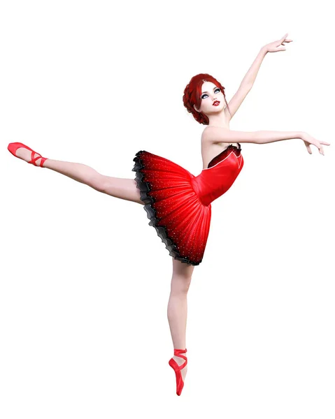 Dansende Ballerina Rode Ballet Tutu Roodharige Meisje Met Blauwe Ogen — Stockfoto