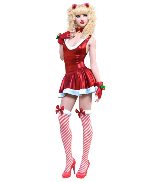 Junge Schöne Weihnachtsmädchen Puppengesicht Kurzes Rotes Festkleid Lange Blonde Haare — Stockfoto