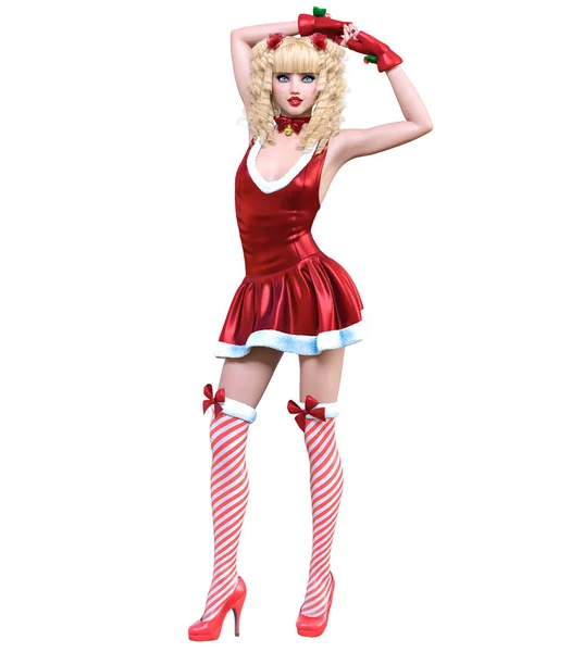 Young beautiful Santa girl doll face. Short red festive dress fur. Long blonde hair. Bright make up. Conceptual fashion art. Realistic 3D render illustration. Christmas, New Year.