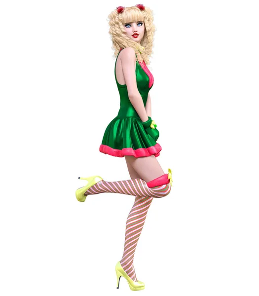 Junge Schöne Weihnachtsmädchen Puppengesicht Kurzes Grünes Festkleid Lange Blonde Haare — Stockfoto