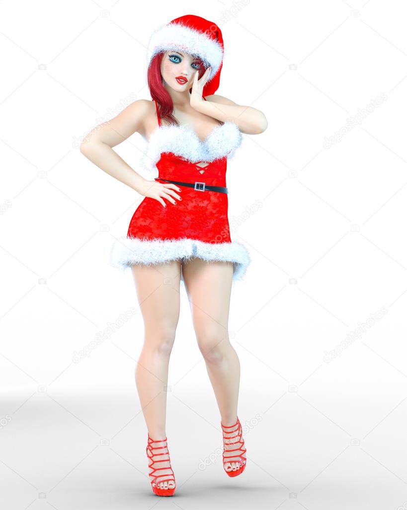 Young beautiful Santa girl doll face. Short red festive dress fur. Long red hair. Bright make up. Conceptual fashion art. Realistic 3D render illustration. Christmas, New Year.