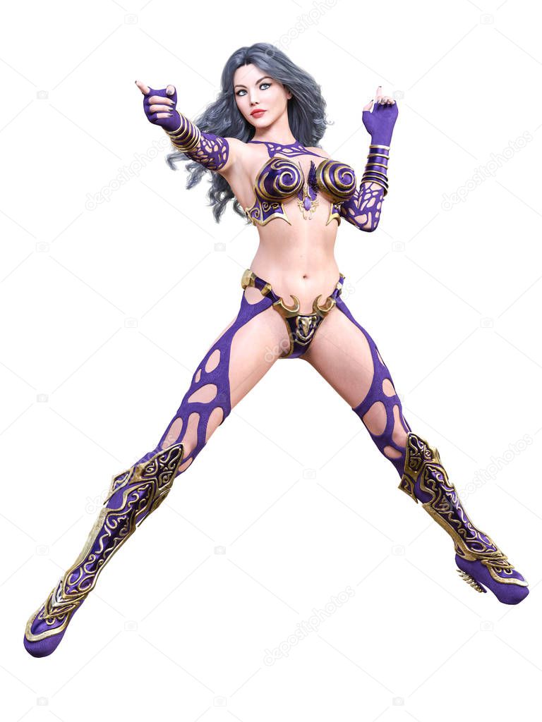 Warrior amazon woman. Long dark hair. Muscular athletic body. Girl standing candid provocative pose. Conceptual fashion art. Realistic 3D rendering isolate illustration.