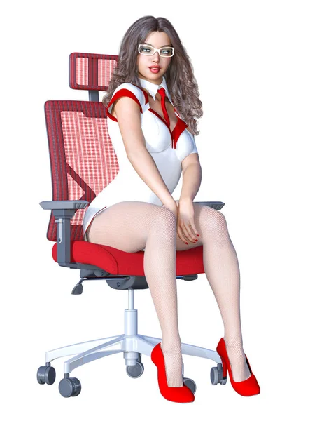 Long Haired Sexy Brunette Secretary White Pantyhose Beautiful Girl Glasses — Stock Photo, Image
