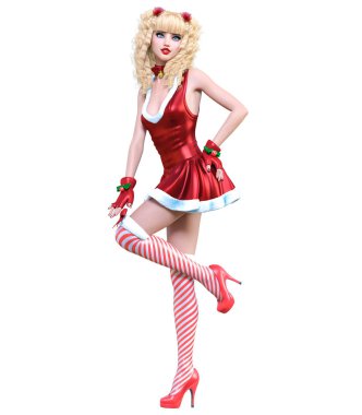 Genç güzel Noel Baba kız bebek surat. Kısa kırmızı şenlikli elbise kürk. Uzun sarı saçlı. Parlak makyaj. Kavramsal moda sanat. Gerçekçi 3d render illüstrasyon. Noel, yeni yıl.