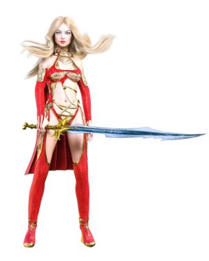 Savaşçı amazon kadını kırmızı yağmurluk ve bot içinde. Uzun sarı saçlı. Kaslı atletik vücut. Kız ayakta samimi kışkırtıcı poz. Kavramsal moda sanat. Gerçekçi 3d render illüstrasyon izole.