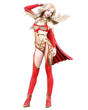 Savaşçı amazon kadını kırmızı yağmurluk ve bot içinde. Uzun sarı saçlı. Kaslı atletik vücut. Kız ayakta samimi kışkırtıcı poz. Kavramsal moda sanat. Gerçekçi 3d render illüstrasyon izole.