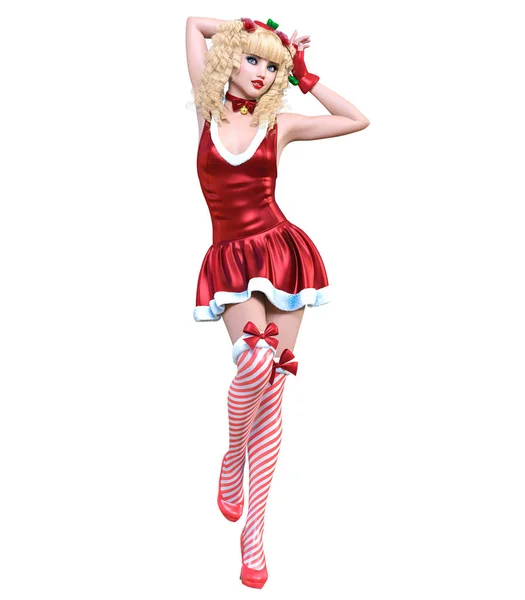 若い美しいサンタの人形の顔の女の子 短い赤いお祝いドレス毛皮 長いブロンドの髪 明るいメイクします 概念的なファッション アート リアルな レンダリングの図です クリスマス — ストック写真
