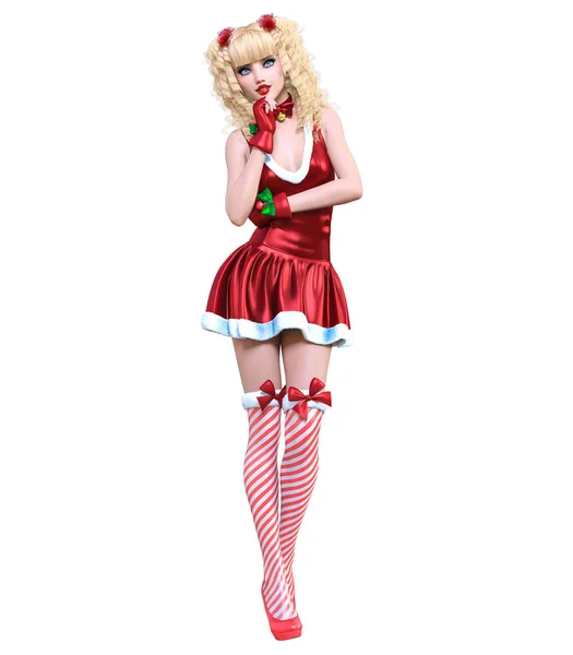 Junge Schöne Weihnachtsmädchen Puppengesicht Kurzes Rotes Festkleid Lange Blonde Haare — Stockfoto