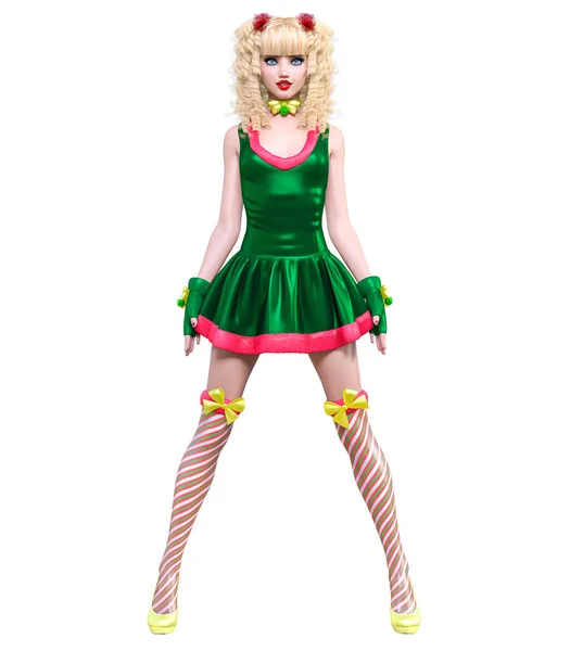 Junge Schöne Weihnachtsmädchen Puppengesicht Kurzes Grünes Festkleid Lange Blonde Haare — Stockfoto