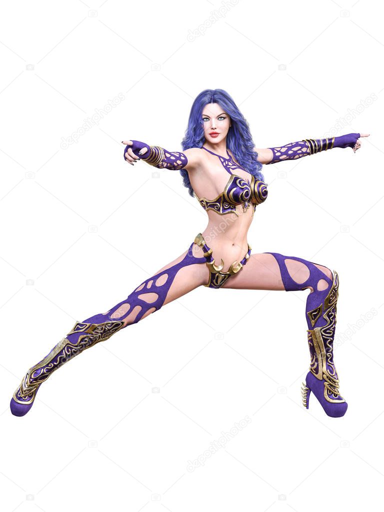 Warrior amazon woman. Long dark hair. Muscular athletic body. Girl standing candid provocative pose. Conceptual fashion art. Realistic 3D rendering isolate illustration.