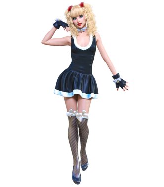 Genç güzel Noel Baba kız bebek surat. Kısa siyah şenlikli elbise kürk. Uzun sarı saçlı. Parlak makyaj. Kavramsal moda sanat. Gerçekçi 3d render illüstrasyon. Noel, yeni yıl.