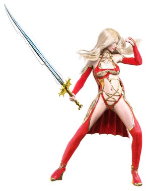 Savaşçı amazon kadını kırmızı yağmurluk ve bot içinde. Uzun sarı saçlı. Kaslı atletik vücut. Kız ayakta samimi kışkırtıcı poz. Kavramsal moda sanat. Gerçekçi 3d render illüstrasyon izole.