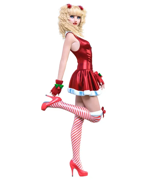 Mladé Krásné Santa Girl Doll Tvář Krátké Červené Šaty Slavnostní — Stock fotografie