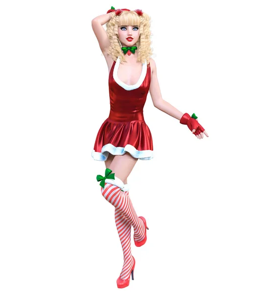 Junge Schöne Weihnachtsmädchen Puppengesicht Kurzes Rotes Festkleid Lange Blonde Haare — Stockfoto