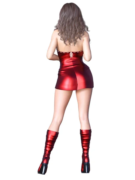 Mulher Morena Sexy Cabelos Compridos Vermelho Brilhante Tiro Corset Vestido — Fotografia de Stock