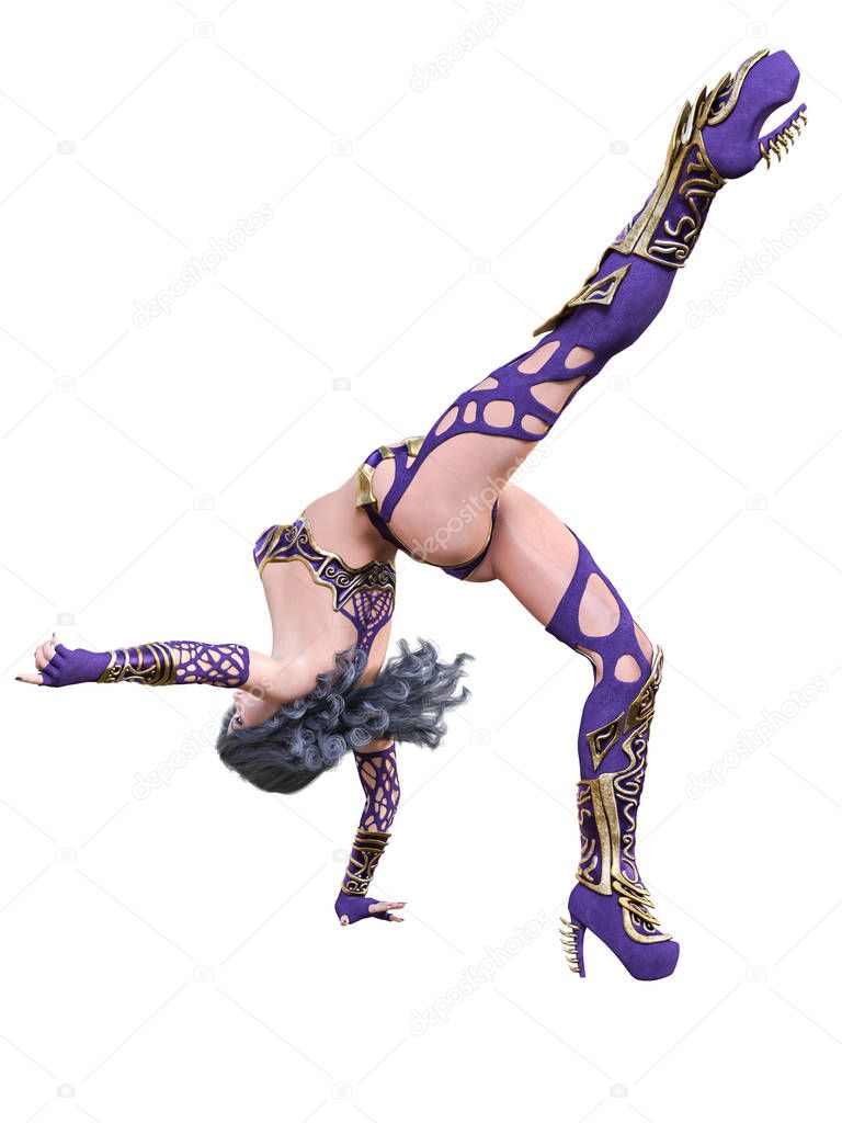 Warrior amazon woman. Long dark hair. Muscular athletic body. Girl standing candid provocative pose. Conceptual fashion art. Realistic 3D rendering isolate illustration.
