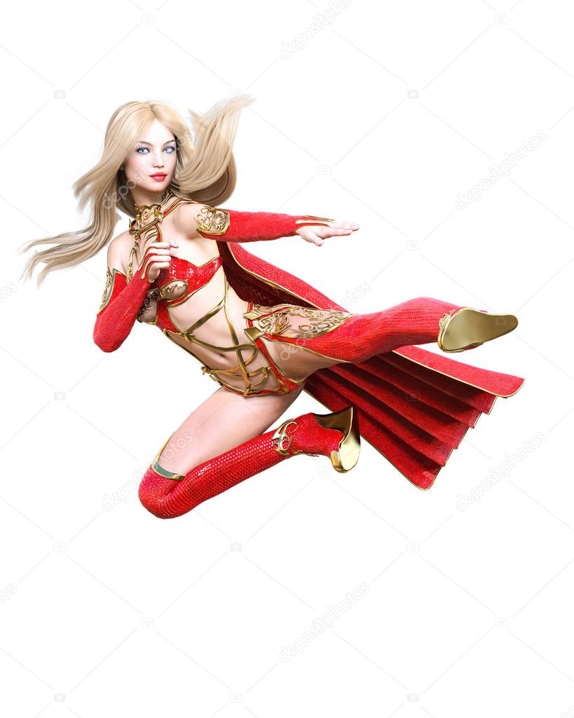 Warrior amazon woman in red raincoat and boots. Long blonde hair. Muscular athletic body. Girl standing candid provocative pose. Conceptual fashion art. Realistic 3D rendering isolate illustration.