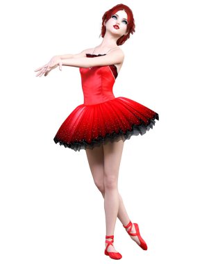 Balerin dans. Kırmızı Bale tutu. Kızıl saçlı mavi gözlü kız. Bale dansçısı. Stüdyo fotoğrafçılığı. Yüksek anahtar. Kavramsal moda art.3d gerçekçi çizim render. Beyaz arka plan.