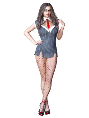 Siyah külotlu çorap uzun saçlı seksi esmer Sekreter. Müstehcen poz ayakta gözlük ile güzel kız. Gerçekçi 3d render illüstrasyon izole.