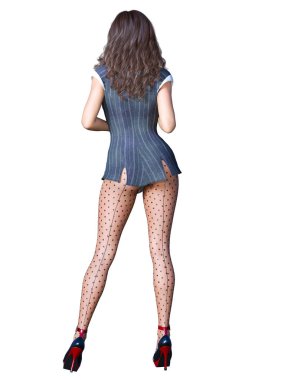 Siyah külotlu çorap uzun saçlı seksi esmer Sekreter. Müstehcen poz ayakta gözlük ile güzel kız. Gerçekçi 3d render illüstrasyon izole.