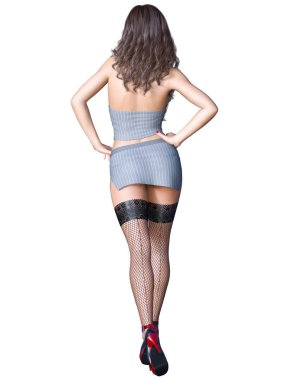 Siyah külotlu çorap uzun saçlı seksi esmer Sekreter. Müstehcen poz ayakta gözlük ile güzel kız. Gerçekçi 3d render illüstrasyon izole.