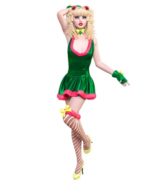 若い美しいサンタの人形の顔の女の子 短い緑のお祝いドレス毛皮 長いブロンドの髪 明るいメイクします 概念的なファッション アート リアルな レンダリングの図です クリスマス — ストック写真