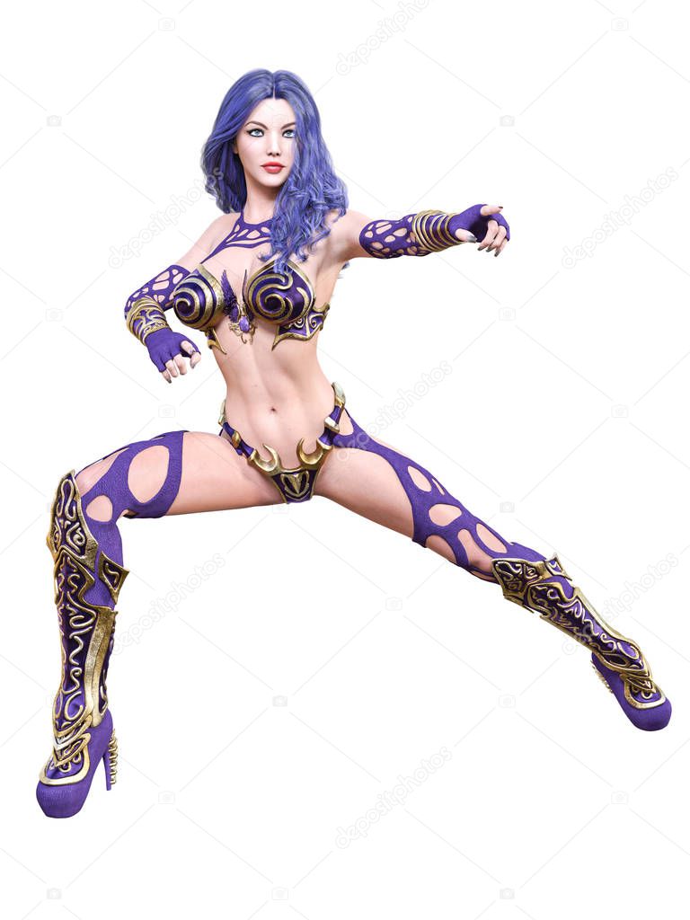 Warrior amazon woman. Long dark hair. Muscular athletic body. Girl standing candid provocative pose. Conceptual fashion art. Realistic 3D rendering isolate illustration.