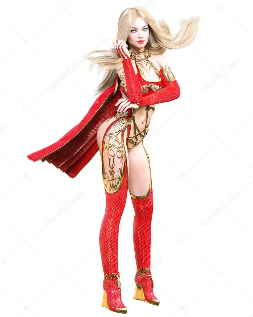 Warrior amazon woman in red raincoat and boots. Long blonde hair. Muscular athletic body. Girl standing candid provocative pose. Conceptual fashion art. Realistic 3D rendering isolate illustration.