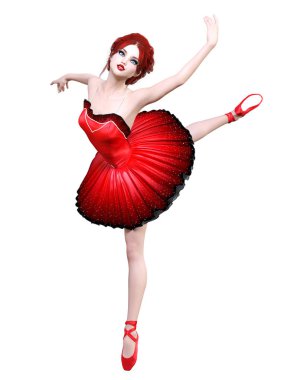 Balerin dans. Kırmızı Bale tutu. Kızıl saçlı mavi gözlü kız. Bale dansçısı. Stüdyo fotoğrafçılığı. Yüksek anahtar. Kavramsal moda art.3d gerçekçi çizim render. Beyaz arka plan.