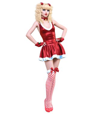 Genç güzel Noel Baba kız bebek surat. Kısa kırmızı şenlikli elbise kürk. Uzun sarı saçlı. Parlak makyaj. Kavramsal moda sanat. Gerçekçi 3d render illüstrasyon. Noel, yeni yıl.
