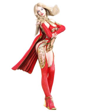 Savaşçı amazon kadını kırmızı yağmurluk ve bot içinde. Uzun sarı saçlı. Kaslı atletik vücut. Kız ayakta samimi kışkırtıcı poz. Kavramsal moda sanat. Gerçekçi 3d render illüstrasyon izole.