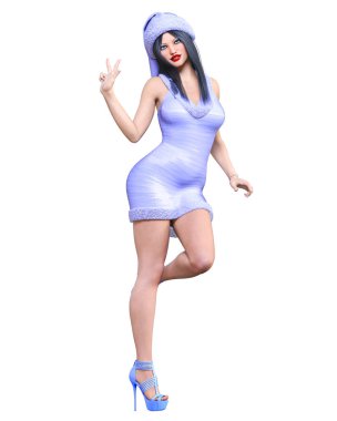 Genç güzel Noel Baba kız. Kısa mavi şenlikli elbise kürk. Uzun siyah saçlı. Parlak makyaj. Kavramsal moda sanat. Gerçekçi 3d render illüstrasyon. Noel, yeni yıl.