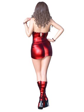 Kırmızı parlak uzun saçlı seksi esmer kadın vurdu korse elbise. Güzel kız ayakta müstehcen poz. Gerçekçi 3d render illüstrasyon izole.