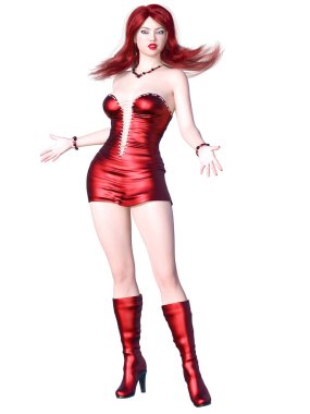 Kırmızı parlak uzun saçlı seksi esmer kadın vurdu korse elbise. Güzel kız ayakta müstehcen poz. Gerçekçi 3d render illüstrasyon izole.