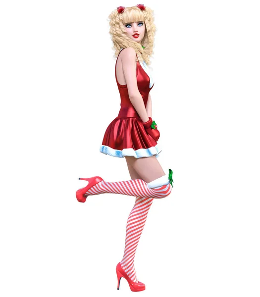 Junge Schöne Weihnachtsmädchen Puppengesicht Kurzes Rotes Festkleid Lange Blonde Haare — Stockfoto