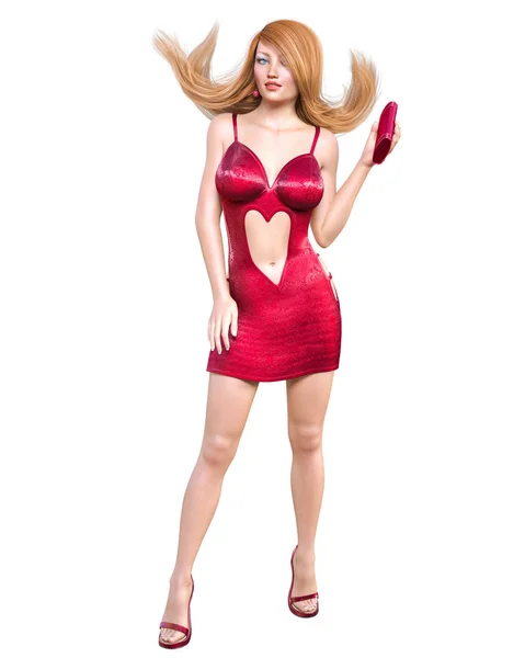 Mulher Ruiva Bonita Mini Vestido Curto Vermelho Com Roupas Heart — Fotografia de Stock