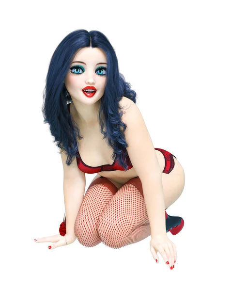 Sexy Burlesque Girl Doll Big Blue Eyes Bright Makeup Woman — Stock Photo, Image
