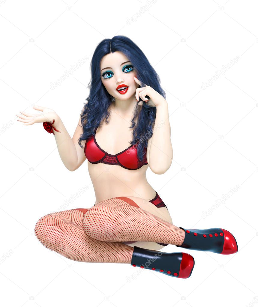 3D sexy burlesque girl doll big blue eyes bright makeup.Woman cabaret retro style red bikini garter fishnet stockings.Conceptual fashion art.Seductive candid pose.Realistic render illustration.