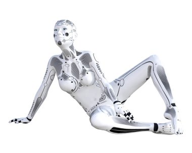 Robot kadın. Beyaz metal droid. Android kız. Yapay zeka. Kavramsal moda sanat. Gerçekçi 3d render illüstrasyon. Stüdyo, ayrı tutma, yüksek anahtar.