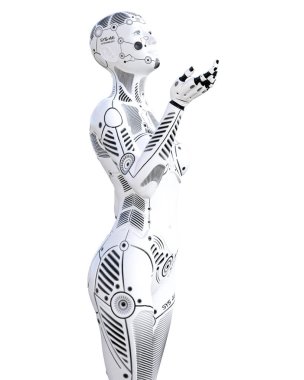 Robot kadın. Beyaz metal droid. Android kız. Yapay zeka. Kavramsal moda sanat. Gerçekçi 3d render illüstrasyon. Stüdyo, ayrı tutma, yüksek anahtar.