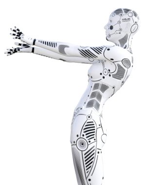 Robot kadın. Beyaz metal droid. Android kız. Yapay zeka. Kavramsal moda sanat. Gerçekçi 3d render illüstrasyon. Stüdyo, ayrı tutma, yüksek anahtar.